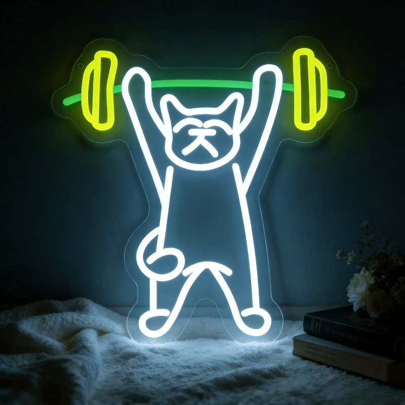 Cat Lifting Weights Neon Sign  - огляд і ціна Home Gym Neon Sign