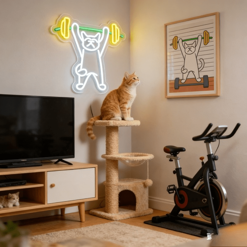Cat Lifting Weights Neon Sign  - огляд і ціна Home Gym Neon Sign