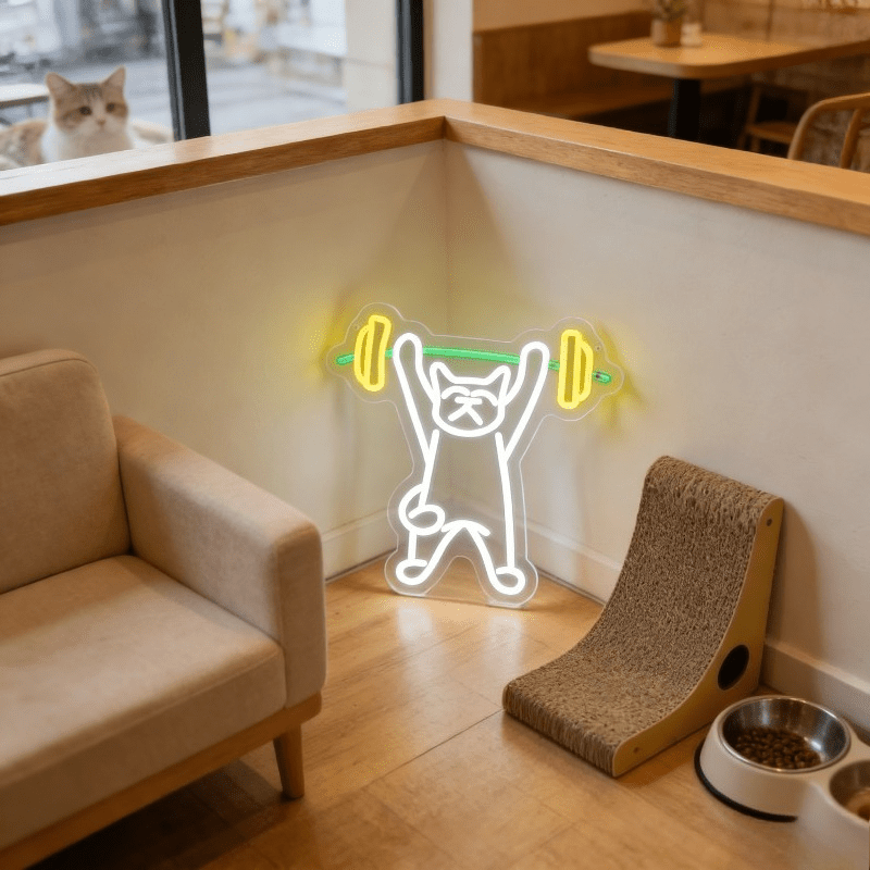 Cat Lifting Weights Neon Sign  - огляд і ціна Home Gym Neon Sign
